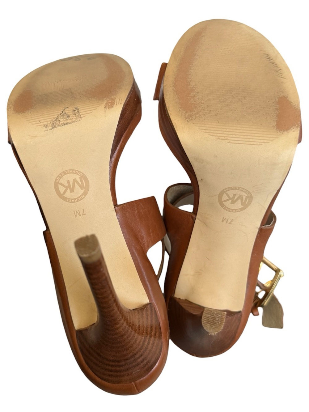 MICHAEL KORS Brown Leather Strappy Platform Heels Size 7M Gold Buckle - Picture 8 of 8